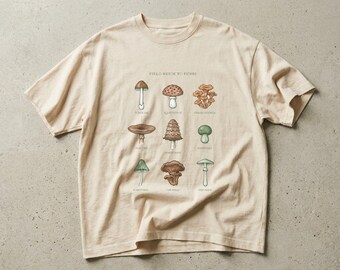 Mushroom Field Guide Tee, Cottagecore Botanical Fungi Chart Shirt, Vintage Naturalist Foraging Graphic Tee