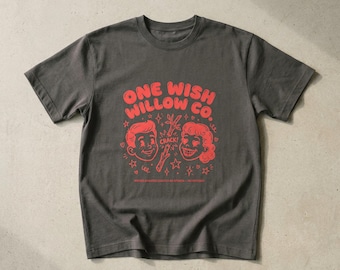 One Wish Willow Co. Retro Horror Parody Graphic Tee, Red Print Bootleg Style