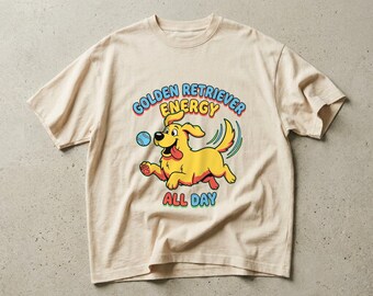 Golden Retriever Energy Cartoon Dog Graphic Tee, Bouncing Puppy All Day Shirt