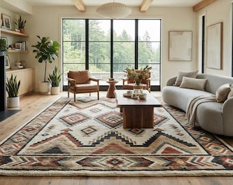 May include: A large rectangular area rug featuring a geometric pattern in shades of cream, brown, rust, and black. The design includes repeating diamond and chevron motifs with a thick border, covering the floor in a living room setting.