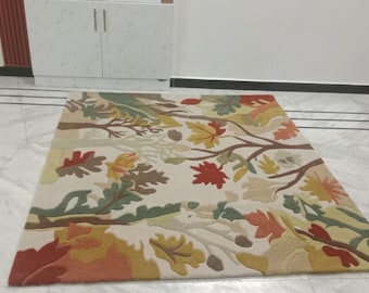 Hand Tufted New Zealand Wool Rug, Autumn Leaves Botanical Area Carpet, Nature Forest Floor Living Room Rug, Custom Size