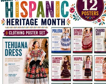 May include: A set of 12 Hispanic Heritage Month educational posters featuring colorful text and imagery. The collection displays various traditional garments including the Tehuana dress, Pollera, Bomba dress, Charro suit, Flamenco dress, Huipil, and Joropo dress.