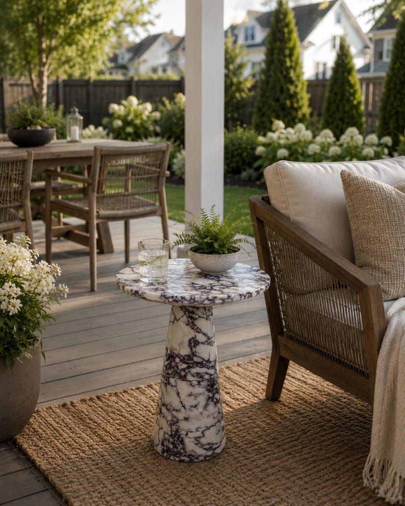 May include: A round side table featuring a white and dark purple marble pattern with a conical base. The table surface holds a small potted green fern and a clear glass of water. The piece is constructed from stone with a polished finish.