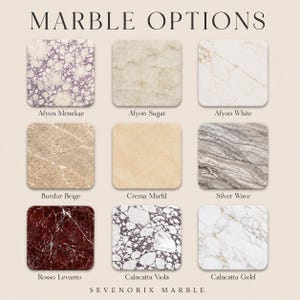 May include: A grid of nine square marble samples labeled MARBLE OPTIONS and SEVENORIX MARBLE. The samples include Afyon Menekşe, Afyon Sugar, Afyon White, Burdur Beige, Crema Marfil, Silver Wave, Rosso Levanto, Calacatta Viola, and Calacatta Gold.