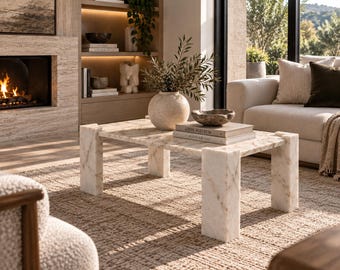 Può includere: Un tavolino rettangolare in marmo bianco con venature beige prominenti, dotato di quattro gambe spesse a forma di blocco. Il piano del tavolo ospita un vaso rotondo beige testurizzato con rami d'ulivo e una ciotola decorativa scura e bassa.