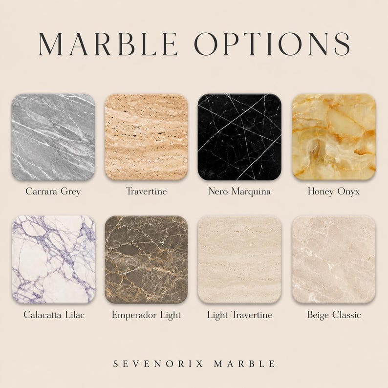 May include: A display titled MARBLE OPTIONS featuring eight square stone samples labeled Carrara Grey, Travertine, Nero Marquina, Honey Onyx, Calacatta Lilac, Emperador Light, Light Travertine, and Beige Classic, with the text SEVENORIX MARBLE below.