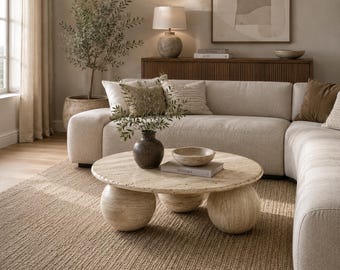 May include: A round coffee table crafted from beige travertine stone, featuring a smooth circular tabletop supported by three large spherical ball-shaped legs. The natural porous texture of the stone is visible across the entire surface.