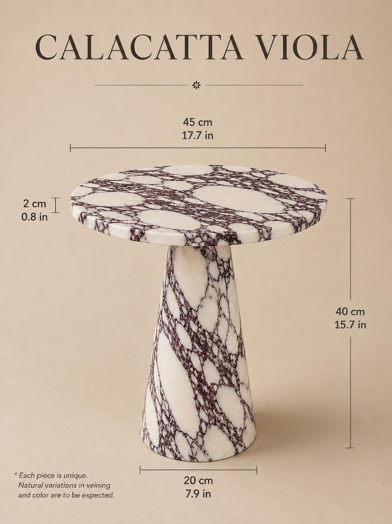 May include: A Calacatta Viola marble side table with a circular top and a conical base. The table features white stone with deep purple veining. Dimensions are 17.7 inches in diameter, 15.7 inches in height, 0.8 inches thick, and a 7.9 inch base.