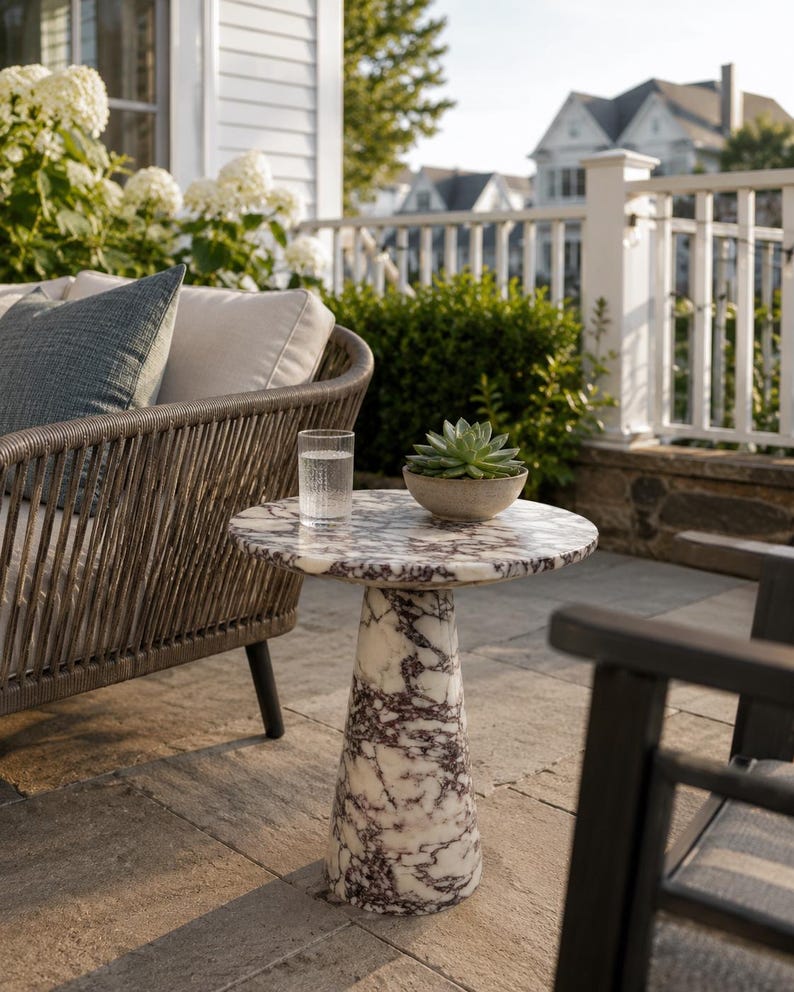 May include: A round side table featuring a white and dark purple marble pattern with a conical base. The table surface holds a clear glass of water and a small, light-colored bowl containing a green succulent plant, positioned outdoors.
