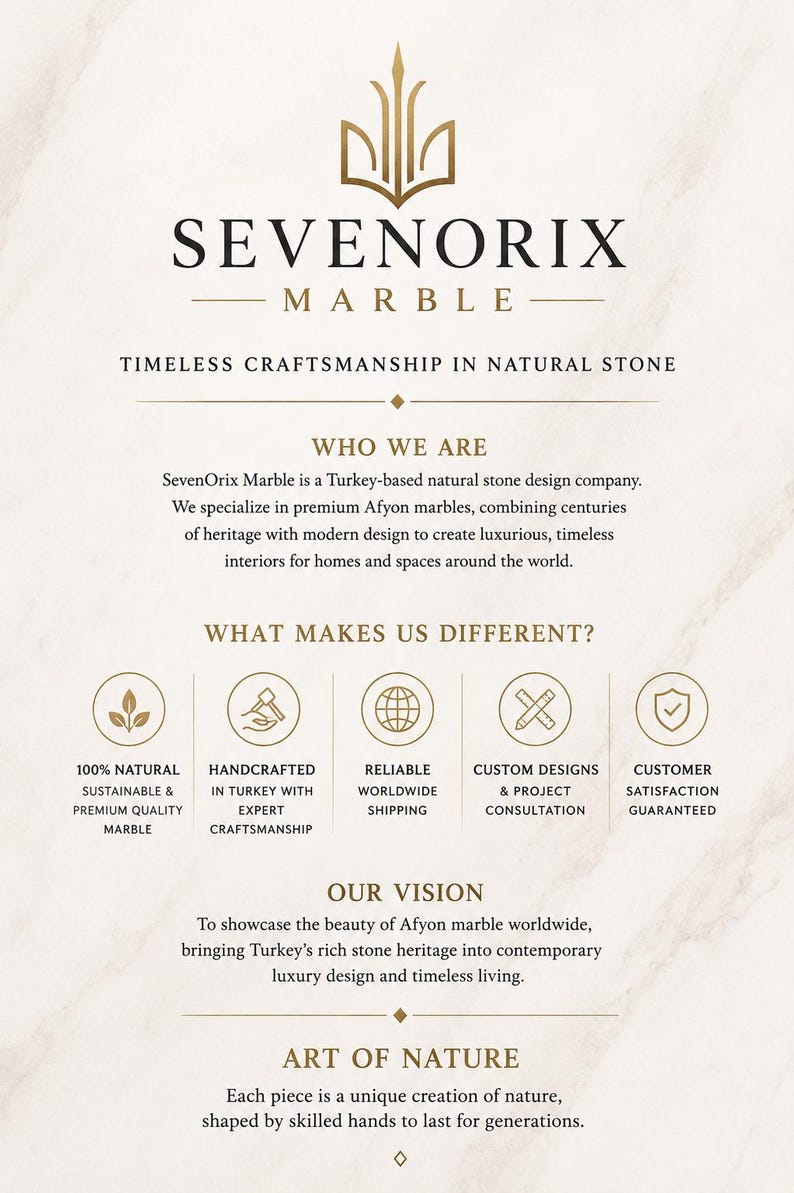 May include: A white marble-textured informational graphic for SevenOrix Marble featuring gold text and icons. It details company information, including sections titled Who We Are, What Makes Us Different, Our Vision, and Art of Nature.