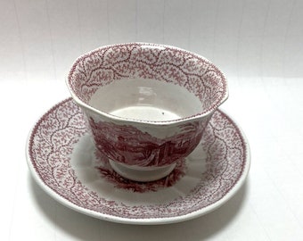 Red Transferware Staffordshire Handless Cup & Saucer Romance Pattern Nice(Italy)