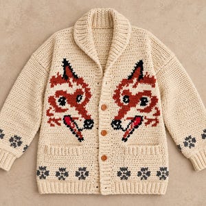 May include: A cream-colored crochet cardigan featuring a shawl collar, long sleeves, and a button-front closure. The garment displays two large, symmetrical fox head motifs in rust, black, and white, with dark gray paw print patterns on the cuffs and hem.