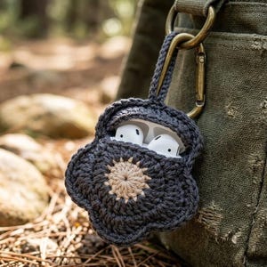 以下が含まれることがあります： ダークグレーとベージュの鍵編みで作られた花形のワイヤレスイヤホンケース。ケースはベージュの円形の中心部をダークグレーの花びらが囲むデザインで、同素材の編みループがブロンズカラーの金属製カラビナに取り付けられています。