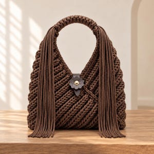 Puede incluir: Un bolso de mano marrón oscuro elaborado con una textura de cuerda trenzada gruesa. El bolso presenta un asa redondeada, largos flecos que cuelgan de los lados y un cierre central adornado con un detalle en forma de flor y un botón dorado.