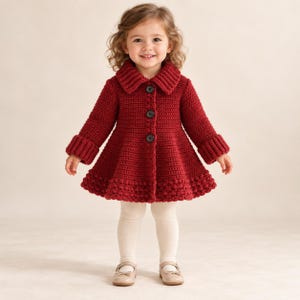 May include: A deep red crochet coat featuring a wide collar, long sleeves with ribbed cuffs, and a flared hem with a textured bobble stitch pattern. The coat is fastened down the front with three large, dark, circular buttons and is worn over plain white leggings.