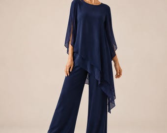 Chiffon Two Piece Pants Set, Flowy Top, Wide Leg Pants, Elegant Evening Outfit