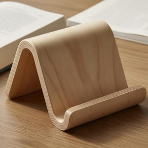 May include: A light-coloured wooden stand with a curved, wave-like profile. The stand is constructed from layered plywood, showing visible grain patterns on the smooth surface. It features a wide base and a front ledge designed to hold items.