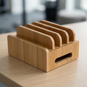 Op de afbeelding: Een lichtbruine bamboe houten organizer met vier verticale sleuven om voorwerpen rechtop te houden. De basis van de rechthoekige eenheid bevat een horizontale uitgesneden handgreep aan de voorzijde, die de natuurlijke houtnerf laat zien.