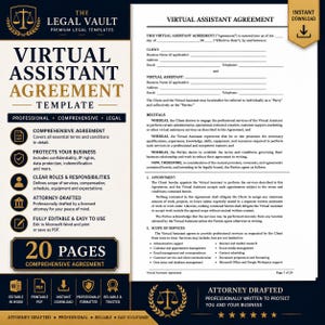 Pode incluir: Um modelo de contrato de assistente virtual de 20 páginas com um cabeçalho azul-escuro e dourado com um ícone de balança da justiça. O texto inclui seções para detalhes do cliente e do assistente, considerandos, nomeação e serviços.