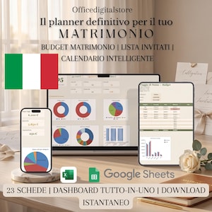 Può includere: Un planner digitale per matrimoni visualizzato su schermo di laptop e smartphone, con grafici a torta, istogrammi e tabelle di budget. Il testo include Officedigitalstore, Il planner definitivo per il tuo MATRIMONIO e Google Sheets.