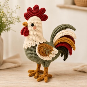 Peut inclure: Une figurine de coq au crochet avec une tête couleur crème, une crête et des barbillons rouge vif, et un corps vert olive. Les plumes de la queue sont superposées dans des tons vert olive, crème, jaune moutarde et rouge. Yeux noirs.