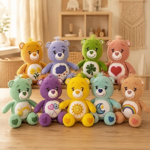 10 Care Bears Crochet Pattern Bundle, Amigurumi Bear Crochet Patterns, Retro Plush Toy Tutorial, Nostalgic Cartoon Bear PDF Download