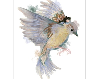 Illustration of a Blue Bird and Child – High-End Mixed Media Art Print – Poetic Nature Art – Elegant Wall Decoration