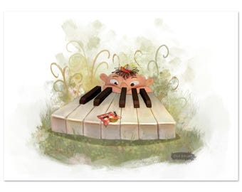 Illustration of a child at the piano, 18x13 cm – Art Print of Nature and Music – Poetic Wall Decoration for a Child's Room – Creative Gift