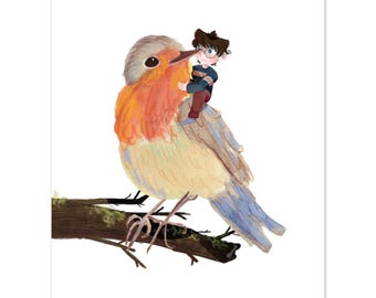 Robin and Child – Sensitive Contemporary Illustration – Fine Art Print – Childhood and Nature