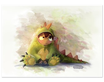 Dinosaur Illustration for Children 18x13 cm – Artistic Print of a Dino Costume – Children's Room Decoration – Poetic and Playful Art