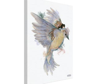 Canvas Print of a Child and a Blue Bird, 30x40 cm – High-End Mixed Media Illustration – Fine Art Print – Poetic Nature Wall Art
