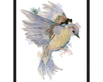 Framed Illustration of a Child and a Blue Bird, 30x40 cm – Fine Art Mixed Media Print – High-End Art Print – Poetic Decoration