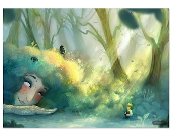 Illustration of Mother and Child in Nature – Poetic Family Art – Maternity Art Print – Gentle and Inspiring Wall Decor