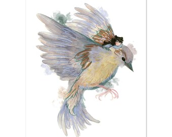 Mixed Media Illustration of a Bird & Child, 13x18 cm – Original Artwork – Small Poetic Painting – Wall Decoration – Artist Gift