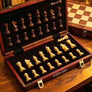 Può includere: Un set di scacchi in legno in una scatola con cerniere e finitura marrone scuro. L'interno presenta un rivestimento in feltro nero con alloggiamenti sagomati per pezzi degli scacchi color marrone scuro e crema. Il nome William James è inciso sul bordo.