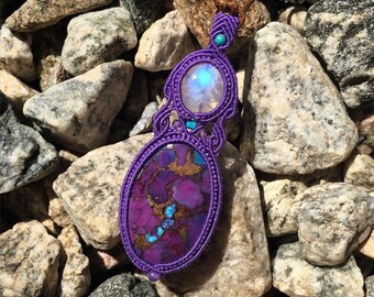 Purple turquoise & rainbow moonstone micro-macrame pendant