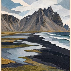 May include: A landscape artwork depicting a jagged mountain range rising above a black sand beach. The scene features layered textures of blue, gray, and tan, with white-capped waves meeting the dark shoreline and a cloudy sky above.