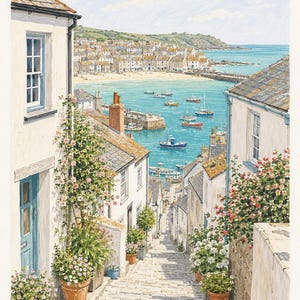May include: A painting of a steep, stone-paved street leading down to a harbor with small fishing boats. White buildings with blue doors and terracotta pots filled with pink and white flowers line the path, overlooking a coastal town.