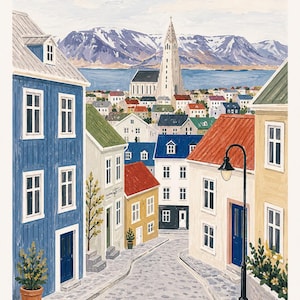 May include: A colorful painting of a cobblestone street lined with multi-story houses in shades of blue, yellow, and white. In the distance, a tall church spire rises above the town, with a large body of water and snow-capped mountains behind.