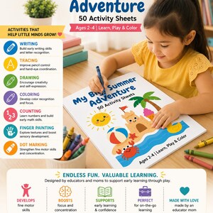 Summer Preschool Activity Sheets | 50 Toddler Tracing, Coloring, Counting Sheets (PDF) Digital download image 2