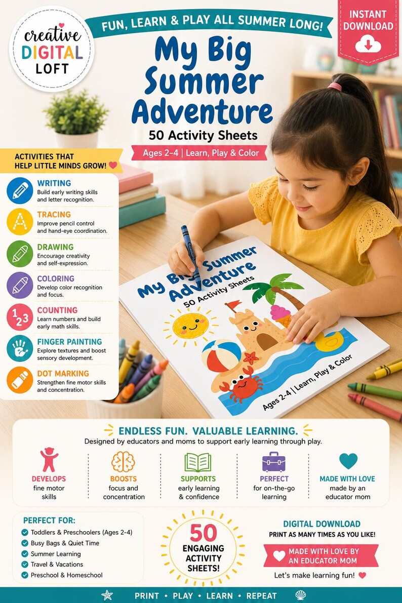 Summer Preschool Activity Sheets | 50 Toddler Tracing, Coloring, Counting Sheets (PDF) Digital download image 2