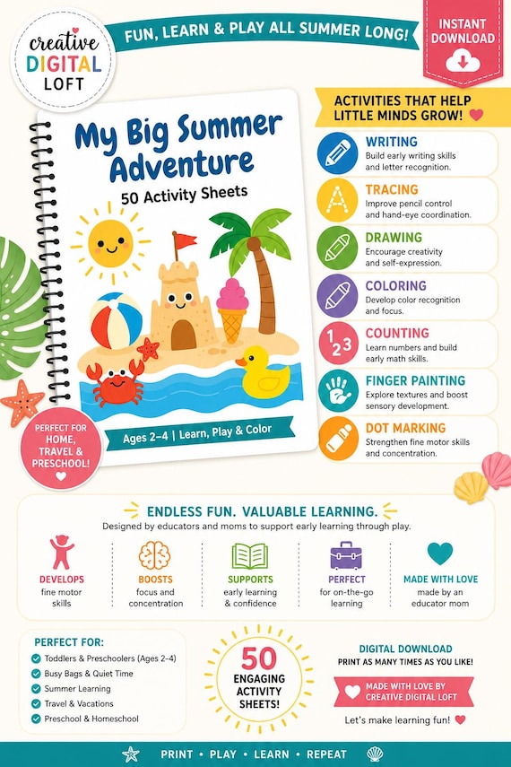 Summer Preschool Activity Sheets | 50 Toddler Tracing, Coloring, Counting Sheets (PDF) Digital download