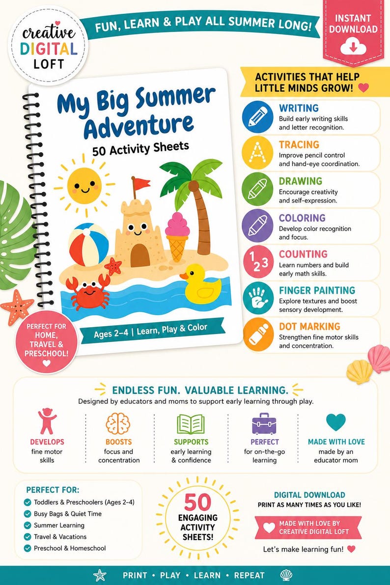 Summer Preschool Activity Sheets | 50 Toddler Tracing, Coloring, Counting Sheets (PDF) Digital download image 1