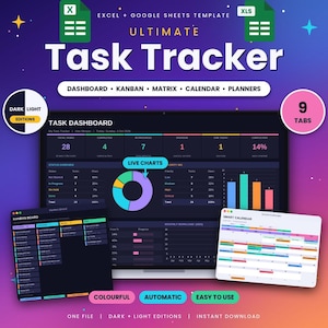 May include: A digital task tracker template for Excel and Google Sheets featuring a dark mode dashboard with live charts, a Kanban board, and a smart calendar. The interface displays task metrics, status overviews, and priority mix data.