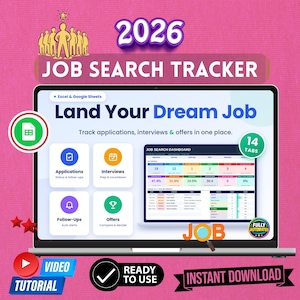 Op de afbeelding: Een digitale 2026 jobzoektracker-sjabloon voor Excel en Google Sheets. De interface toont een dashboard met secties voor sollicitaties, interviews, follow-ups en aanbiedingen. Het bevat 14 tabbladen, een videotutorial en is volledig geautomatiseerd voor het bijhouden van de voortgang.