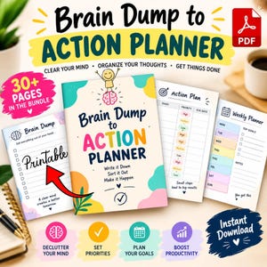 Könnte beinhalten: Ein digitales Brain Dump to Action Planner-Paket mit einem Deckblatt, das eine Strichmännchen- und Gehirngrafik zeigt, sowie druckbaren Seiten für Aufgaben, Wochenplanung und Zielsetzung mit bunten abstrakten Formen.