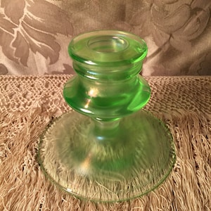 Antique Vasoline Uranium Art Glass Candle Holder Lime Green Opalescent Luster Pastel Sheen Stunning