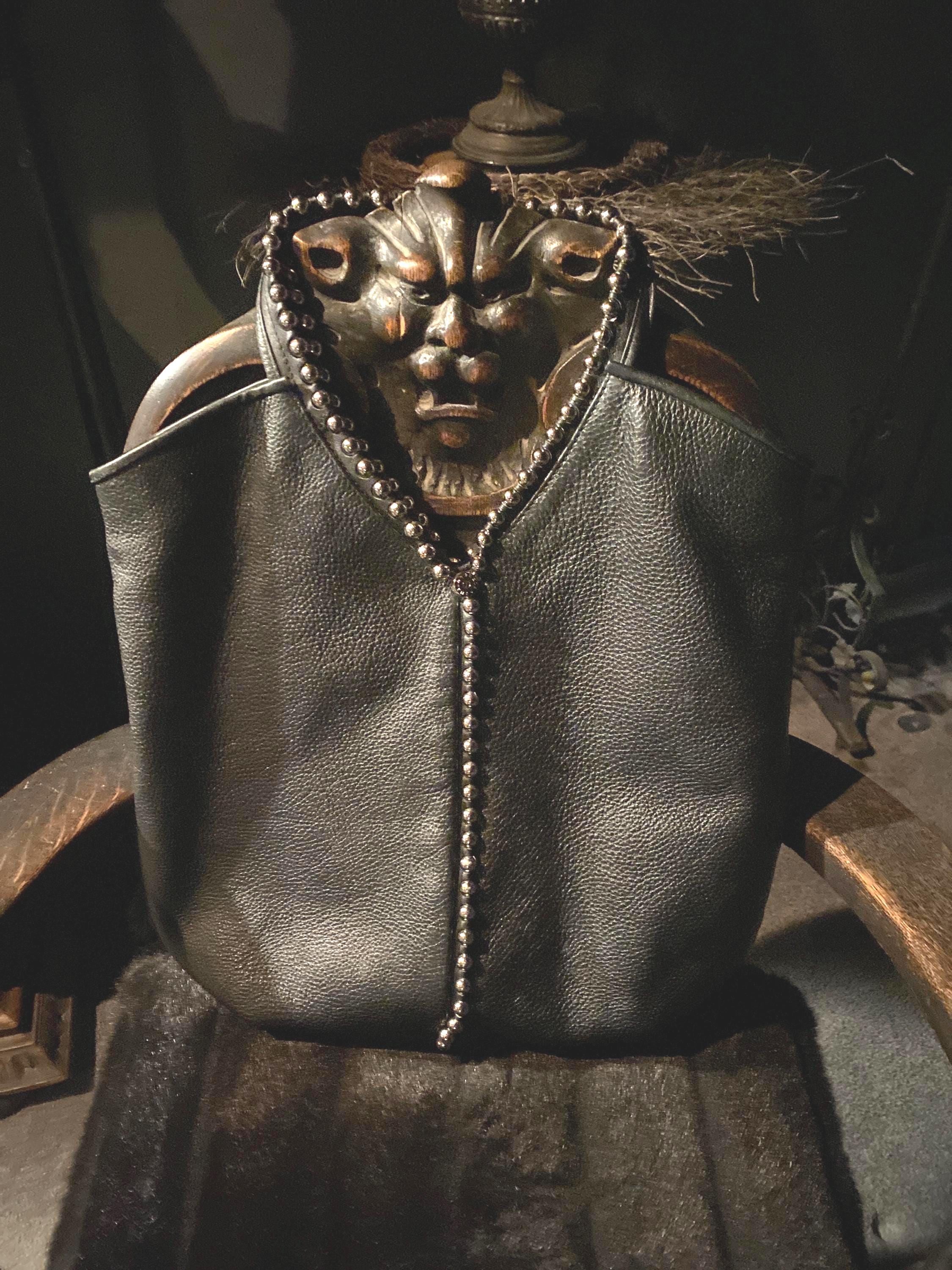 Vintage Studded Black Bag Pebbled Leather Silver Studs Classy 