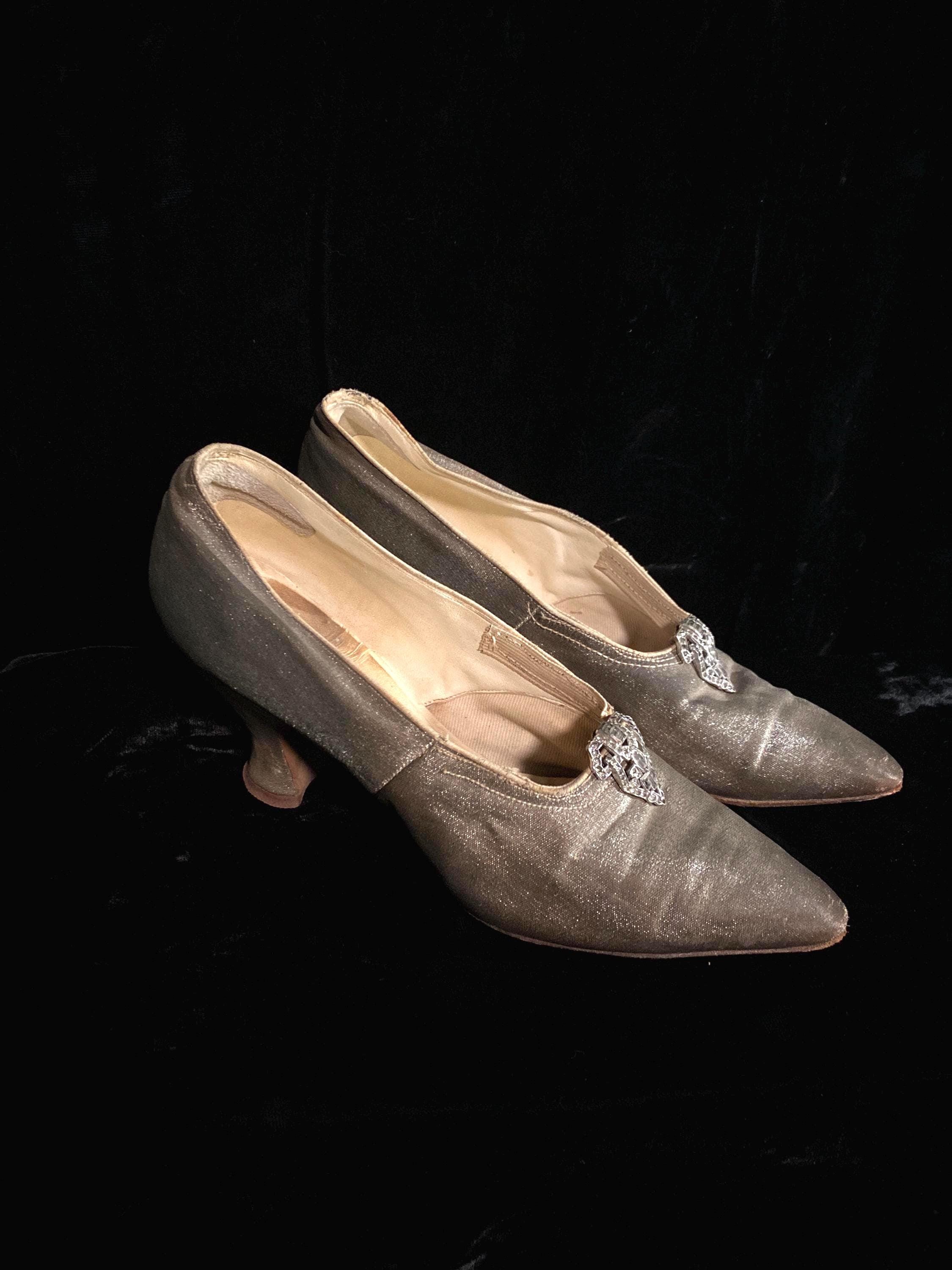 Antique Metallic Silver Shoes With Fancy Shoe Clips C. 1920's