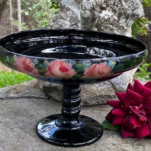 ANTIQUE BLACK GLASS Pedestal Compote Centerpiece Hand Painted Roses